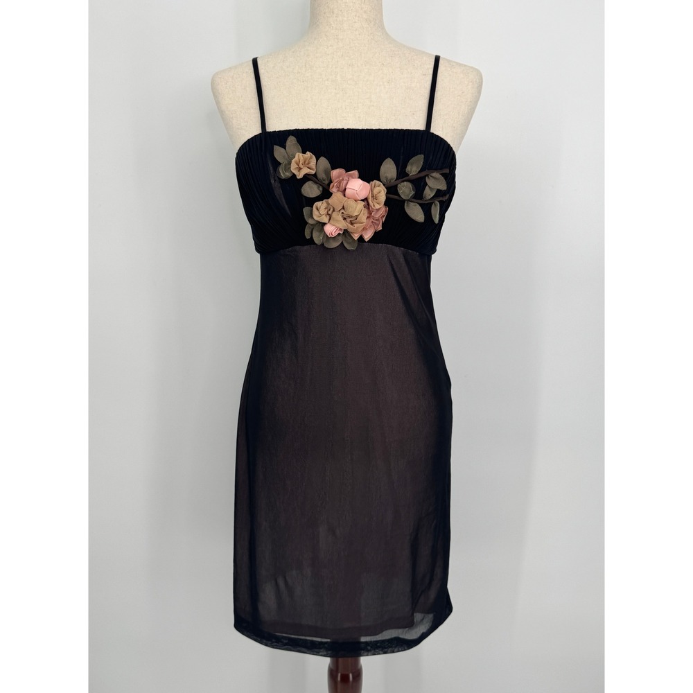 Sue Wong Mini Slip Dress Size 6 Black Floral Applique Vintage Y2K Whimsigoth
